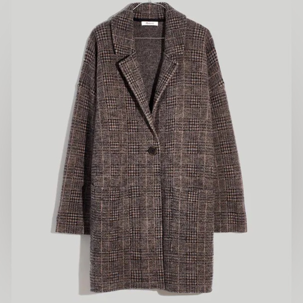 NWT Madewell 100% wool black/gray plaid one button sweater jacket cardigan